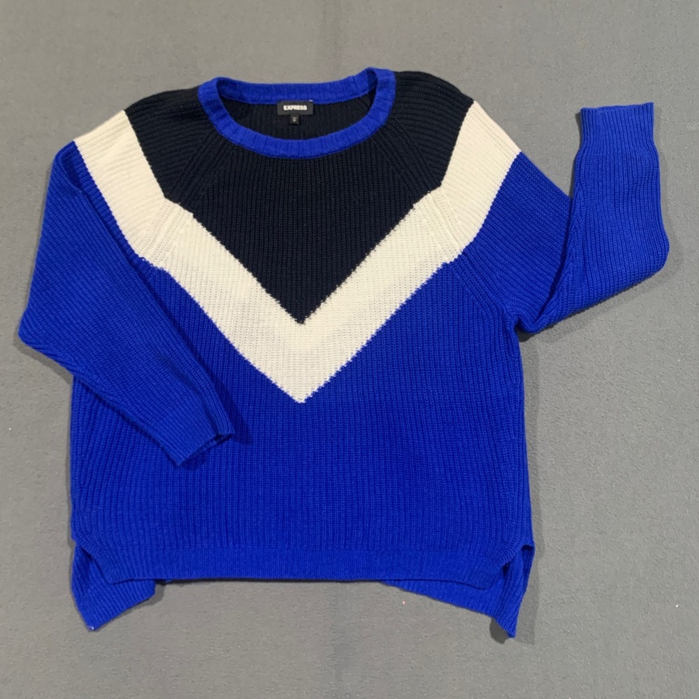 Express Sweater Womens M Blue Colorblock Chevron Ribbed Knit Pullover Oversized
